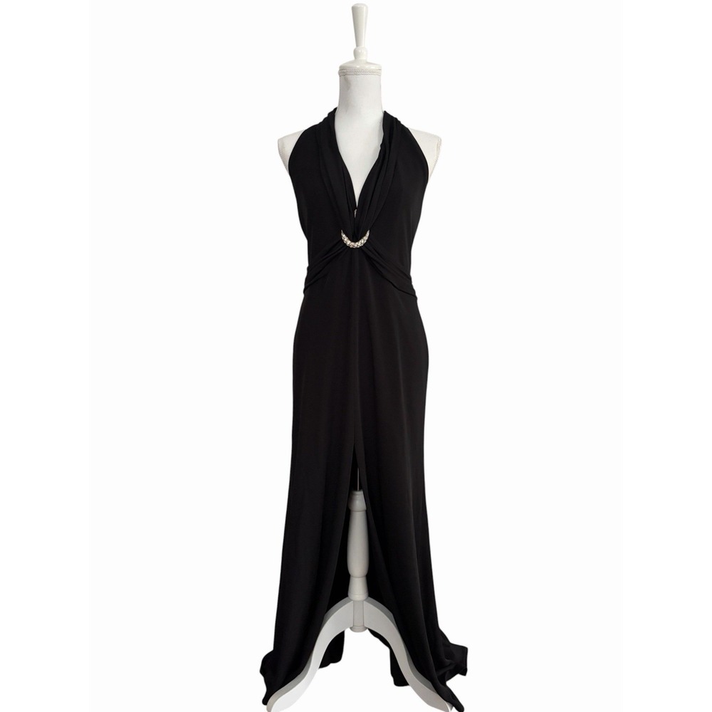 Tadashi Black Halter Rhinestone Gown Maxi Dress Slit Backless Sleeveless Formal